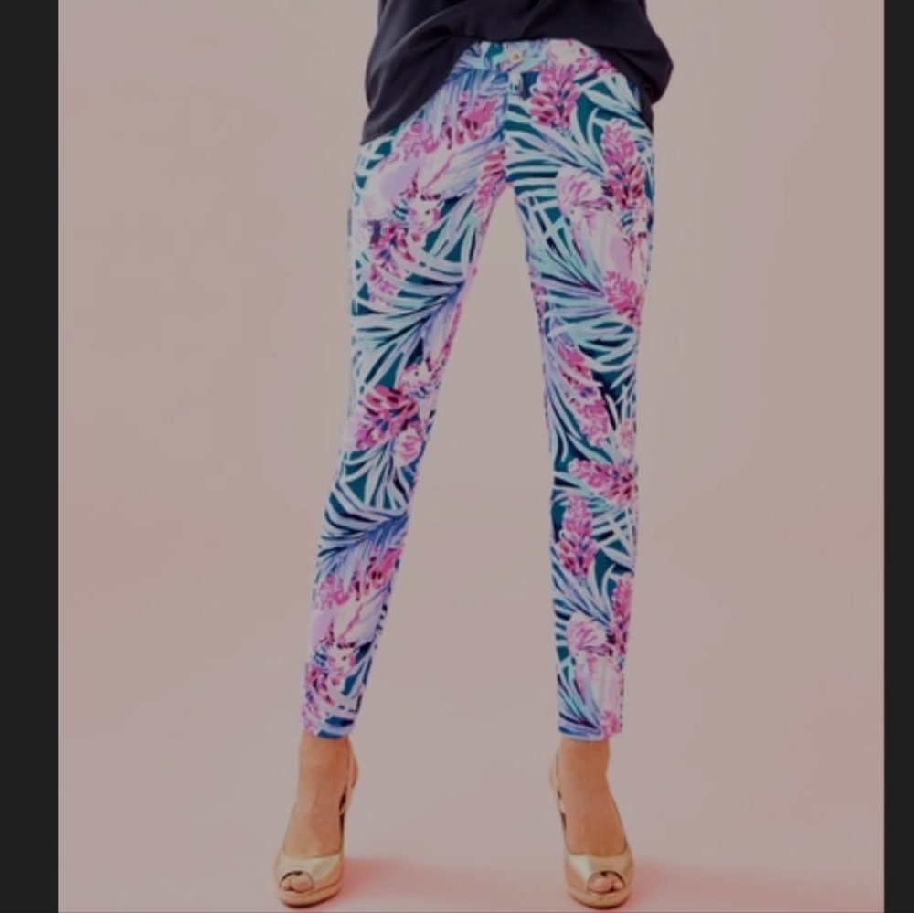 Lilly Pulitzer Kelly Knit Skinny Ankle Pants Sz.2  Mr. Peacock Tweet Hearts EUC